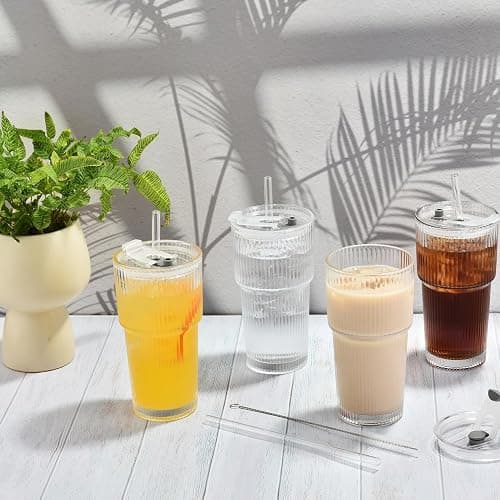 ALINK 2 Pack 20 oz Ribbed Glass Tumblers with Lids and Straws Glassware Cups Set, Thickened Glass, Ideal for Iced Coffee, Smoothies, Cocktails,Juices thumbnail 7