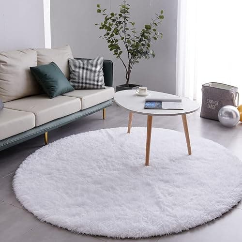 FJZFING White Round Rug Ultra-Soft Plush Modern 4x4 Circle Area Rug for Kid's Bedroom, Fluffy Shag Circular Rug for Nursery Room, Non-Slip Home Decor Cute White Carpet for Teen's Room thumbnail 2