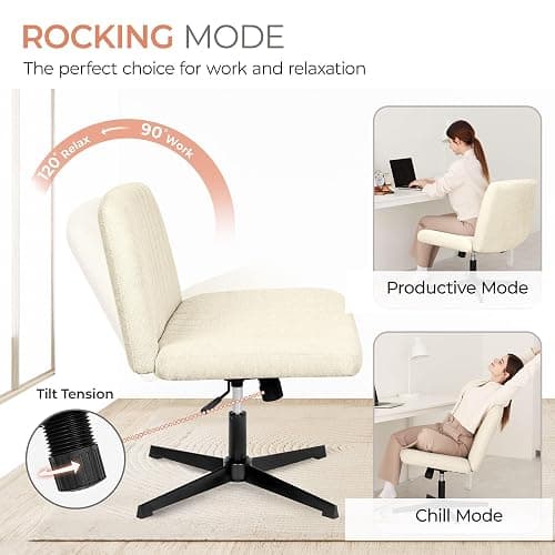 Orange Factory Criss Cross Chair No Wheel Wide Cross Legged Office Desk Vanity Chair Comfy Fabric Armless Adjustable Swivel for Home Computer Task (Beige) thumbnail 6
