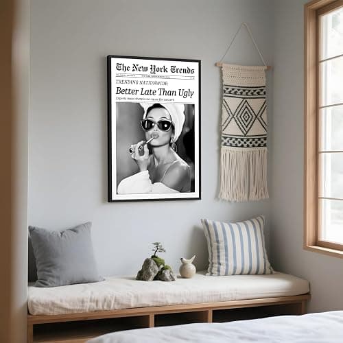 Framed Better Late Than Ugly Wall Decor Newspaper Audrey Hepburn Wall Art | Vintage Black and White Fashion Poster Chic New York Trends Glam Quote Canvas Print for Bedroom Bathroom Dorm 8x12inch thumbnail 7