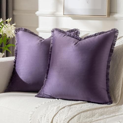 FUTEI Eggplant Purple Velvet Decorative Throw Pillow Covers 18x18 Set of 2,Soft Cozy Edge with Tassels Cushion Case,Boho Modern Home Decor for Couch Bed Living Room - Image 1