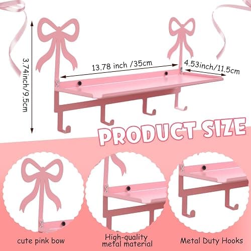 Otoolling Wall Hooks with Shelf Pink Bow Key Holder Metal Coat Clothes Rack Wall-Mounted Entryway Hanging Shelves with 5 Metal Hooks Cute Coquettish Room Wall Decor for Nursery Room Bedroom Kitchen thumbnail 3