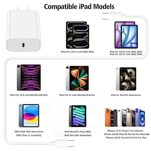USB C Fast Charger for Apple iPad Pro 13/12.9/11 in 2025-2018,iPad 11th(A16),iPad Air 5th/Mini 7th,iPhone 17/16/15 Series,USB C Charger Fast Charging Adapter Wall Block with 6FT USBC to C Cable Cord thumbnail 4