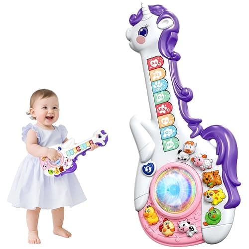 Marstone Toys for 1 2 Year Old Girl Birthday Gifts: Baby Musical Unicorn Toys 12-18 Months, Educational Cartoon Guitar for Toddler Boy Kid 1-3, Infant 1st First Interactive Learning Birthday Present - Image 1