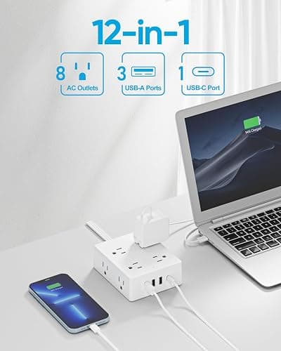 Olcorife Flat Plug Power Strip with 10 FT Extension Cord, 8 Outlets 4 USB Ports(1 USB C), 3 Sided Outlet Extender for Home Office Travel Dorm Room Essentials, White thumbnail 2
