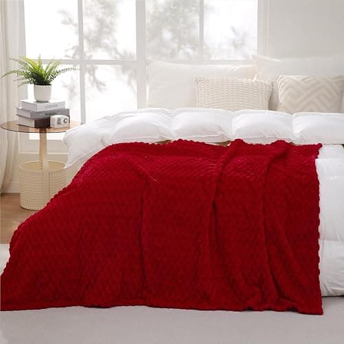 Red Throw Blanket 50"×60" inches Fuzzy 3D Jacquard Decorative Flannel Fleece Super Soft Plush Cozy Blanket for Couch Sofa Chair Lightweight - 50"×60” - Red thumbnail 4