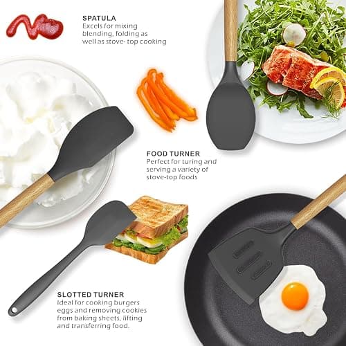 Silicone Cooking Utensils Kitchen Utensil Set - 446°F Heat Resistant Silicone Kitchen Utensils Set, Spatula,Turner Tongs, Spoon, Brush, Whisk,Kitchen Gadgets for Nonstick Cookware, BPA Free (Gray) thumbnail 4
