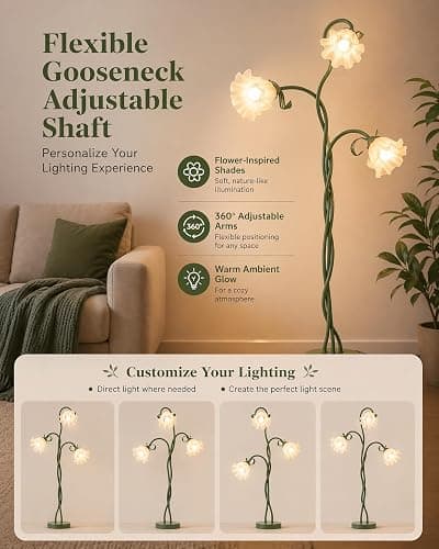 Vintage 3 Head Flower Floor Lamp, LED Standing Lamp for Living Room with E26 Bulb 3 Color Modes Flexible Gooseneck Tall Lamp for Home Bedroom,Corner,Reading | Flexible Gooseneck, Bulb Included, 3 Color Temperatures Vintage Reading Lamp for Bedroom, Corner, Home (Green) thumbnail 2