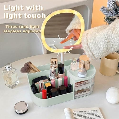 DASITON Makeup Organizer with Rechargeable Mirror,Makeup Brush Holder with 2 Drawers,Skincare and Cosmetics Organizer Countertop,Large Capacity Cosmetic Display Case for Vanity,Bedroom,Bathroom(Green) thumbnail 4