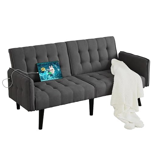 TYBOATLE 65“ Convertible Futon Sofa Bed w/ 2 USB, Upholstered Tufted Small Adjustable Folding Couch Loveseat, Modern Mid Century Sleeper Sofa for Living Room, Bedroom, Apartment, Office (Dark Grey) - Dark Grey - Image 1