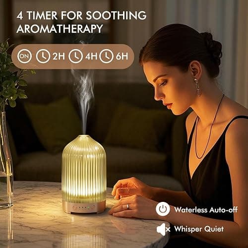 Glass Essential Oil Diffuser 200ml-Ultrasonic Aroma Diffuser with Glass Dome, Aromatherapy Diffuser with 4 Timers 7 Color LED Lights Auto Shut-Off Protection for Home Office Yoga Gift for Women thumbnail 4