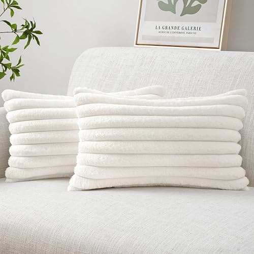 MIULEE Faux Fur Lumbar Christmas Decorative Throw Pillow Covers 12x20 Inch Set of 2, Modern Spring Home Decor Soft Plush Couch Pillows Cozy Fluffy Cushion Covers for Sofa Bed White - Image 1