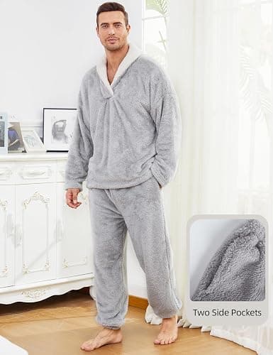 Gihuo Mens Pajamas Set Winter Warm Flannel Pajamas Soft Fluffy Fleece Pj Set Loungewear Plush Sleepwear thumbnail 2
