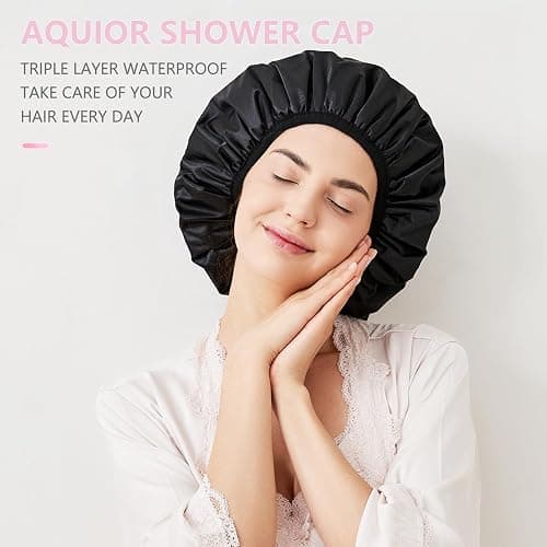 Aquior Shower Cap,Terry Lined Shower Cap for Women Reusable, Triple Layer Waterproof Bath Cap, Extra Large for Women Long Hair(Black) thumbnail 3