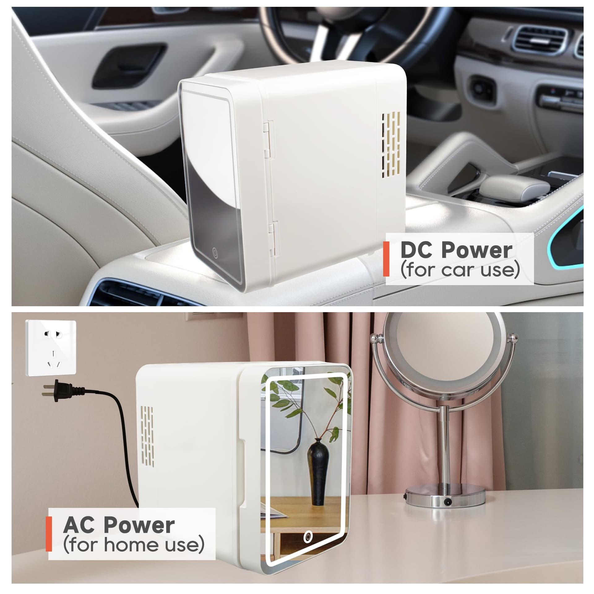 Juturnas Mini refrigerador de maquillaje, nevera para el cuidado de la piel con enfriador o calentador, alimentado por CA/CC, con espejo de luz LED, refrigerador pequeño portátil para cosméticos, thumbnail 5