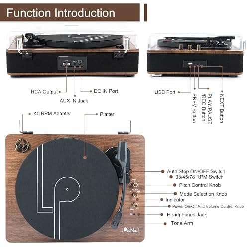 LP&No.1 Record Player with Stereo Speakers, 3-Speed Belt-Drive Turntable for Vinyl Records with Wireless Playback and Auto-Stop,Walnut Wood thumbnail 2