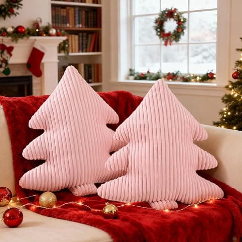 Lanpn Christmas Tree Pillows Set of 2, Christmas Decoration Narrow Stripes Winter Throw Pillow Soft Cute 3D Shaped Xmas Tree Throw Cushion for Sofa Bedroom Xmas Decor (18x16 inch, Pink) - Image 1