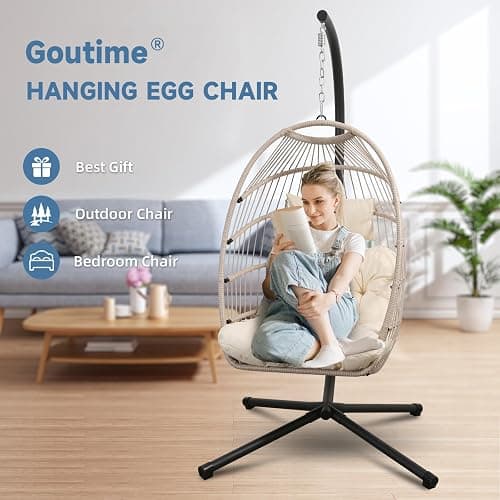 Goutime Hanging Egg Chair with Stand and Waterproof Cover, Foldable Egg Swing Chair with UV Resistant Cushion 450lbs Capacity for Indoor Bedroom Garden Backyard (Apricot Gray) thumbnail 6