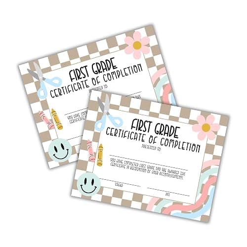 1st Grade First Graduation Certificate of Completion Award 30pk 8.5x11” End of Year Hand Out Tan Neutral Checkered Modern 90’s Smiley Faces Friendship Bracelets - Image 1
