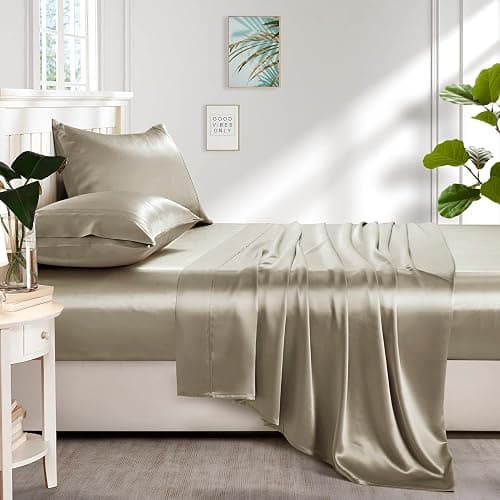 Lanest Housing Silk Satin Sheets, Queen Size Satin Bed Sheet Set with Deep Pockets, Cooling Soft and Hypoallergenic Satin Sheets Queen - Taupe thumbnail 5