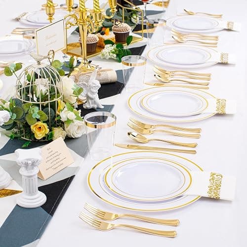 350 Pieces White and Gold Plastic Plates - 50 Guest Dinnerware Set Include 100 Plates, 50 Gold Plastic Silverware, 50 Paper Napkins and 50 Cups for Party Wedding Valentine's Day thumbnail 2