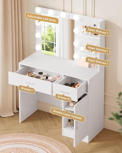 LIVELYGLOW White Makeup Vanity with 10 Hollywood Light Bulbs, 35.4" Wide Dressing Table with Large Mirror & Dimming Function, Small Space Vanity Desk with 2 Drawers, Storage Cabinet & Shelves thumbnail 6