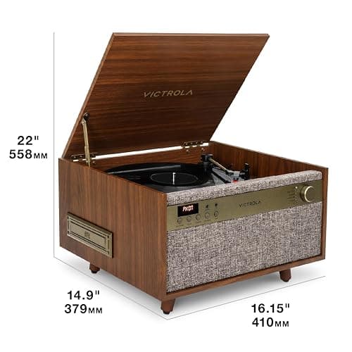 Victrola Century 6-in-1 Vinyl Record Player & Music Center – 3-Speed Turntable, CD & Cassette Player, VINYLSTREAM, Bluetooth & 3.5mm Aux, Record Player with Speakers, Mid Century Design (Walnut) thumbnail 9