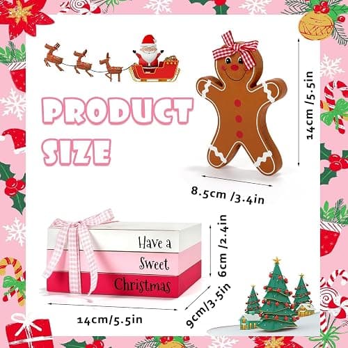 Pink Christmas Decorations 4 PCS Gingerbread Table Centerpieces, Cute Girlie Tabletop Christmas Decor for Tiered Tray Shelf Fireplace Mantel Office Desk Holiday Wood Faux Book Gingerbread Girl Sign thumbnail 3