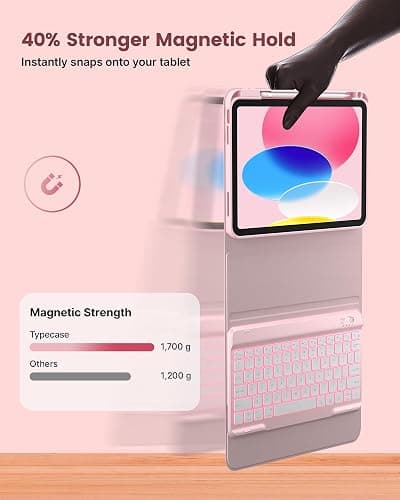 typecase Folio iPad 11th/10th Gen Keyboard Case (11" A16 2025 & 10.9" 2022) – Magnetic Wireless Detachable Keyboard, 7-Color Backlight, Thin & Light, Pencil Holder – Light Pink thumbnail 4