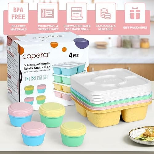 Caperci Original Lunchable Snack Containers for Kids & Adults - 5 Compartments Bento Snack Boxes with 4 Leakproof Small Containers, Wheat Straw, BPA-Free, Set of 4 (Vintage Colors) thumbnail 6