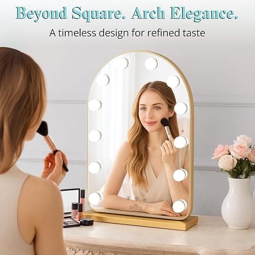 LUXFURNI Vanity Mirror with Lights, 20.5" L x 13" W Arched LED Makeup Mirror, Lighted Makeup Mirror with Lights, Smart Touch Control Dimmable 3 Modes Light, Gold thumbnail 6