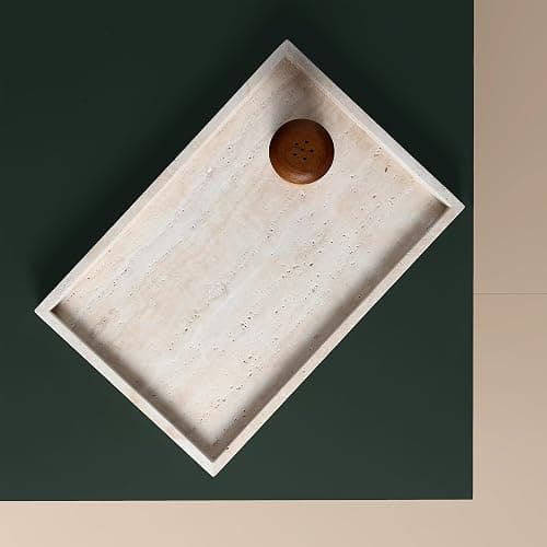 Natural Travertine Rectangular Decorative Tray 15"x10" – Stone Serving Tray | Non-slip bottom. Use on coffee bar, kitchen island, or vanity. Holds 2-3 cups. Each piece is unique. thumbnail 7