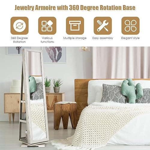 MAT EXPERT 360 Rotating Jewelry Armoire with Mirror, Freestanding Jewelry Storage Mirror w/78 Ring Slots, 24 Necklace Hooks, 120 Earring Slots, Lockable Jewelry Organizer for Makeup (White) thumbnail 9