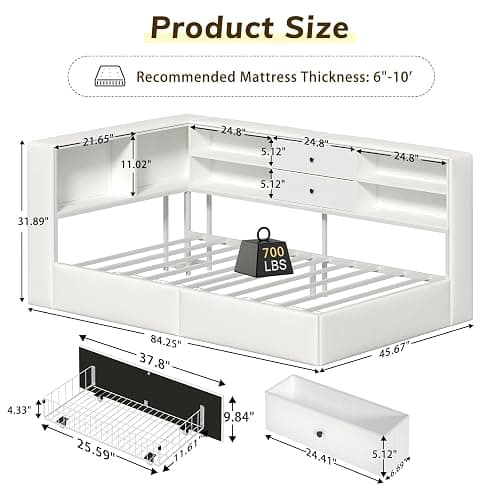 Twin Corner Bed Frame with Storage Bookcase and 4 Drawers, Upholstered Daybed Twin Size with Charging Station & LED Lights, White L-Shape Twin Size Bed Frames Metal Platform Bed for Kids Teenagers thumbnail 2