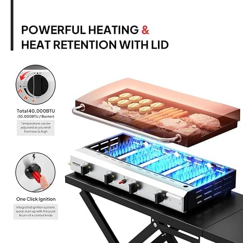 ROVSUN 4 Burner Foldable Propane Griddle with Wheels, Enameled Tray & Lid, 40000 BTU Portable Rolling Flat Top Gas Grill with Electronic Ignition & Regulator for Outdoor Cooking Camping BBQ Tailgating thumbnail 4