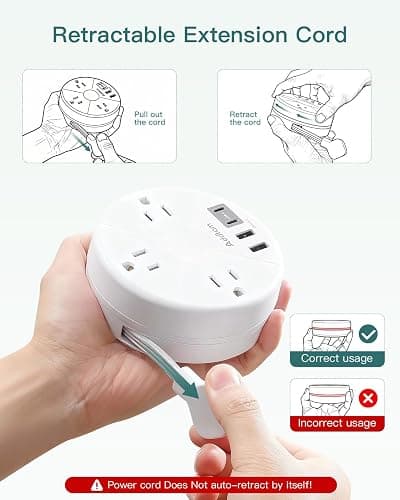 Addtam Travel Esstentials - Cruise Approved Power Strip with 5ft Retractable Cord, Ultra Thin Flat Plug, 3 Outlets 4 USB (2 USB C), Non Surge Protector for Travel/Cruise/Home/Dorm/Office, ETL Listed thumbnail 2