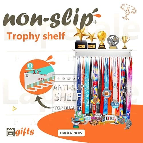 Non-Slip Trophy Shelf,Trophy and Medal Display Shelf, Medal Hanger Display For Wall with 16inchL,Shelves For Trophies medal display Upgraded Medal Holder display For gymanstics,race,soccer,swim thumbnail 4