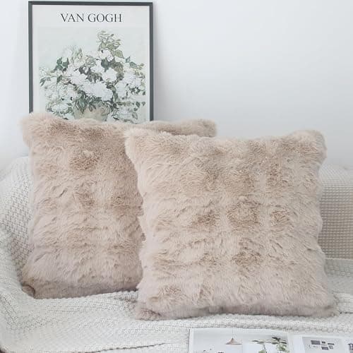 NIULAA Beige Cushion Covers 45 x 45 Soft Fluffy Faux Fur Cushion Cover Set of 2 Thick Plush Luxury Decorative Pillows 18x18 Modern Moroccan Style Covers Bedroom Sofa Pillow Shell - Image 1