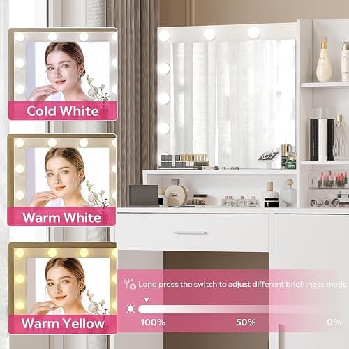 Palimder Vanity Desk with Mirror and Light, Large Drawer and Three Level Storage Dresser, 3 Lighting Modes Adjustable Brightness, Bedroom Dressing Table (White) thumbnail 4