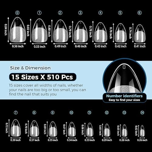 TOMICCA Short Almond Nail Tips, 510pcs 15 Sizes Pre-Shaped Soft Acrylic Gel Nail Tips Almond Shape Clear Press on Nails Extensions False Nails for Nail Manicure Salon Beginner Home DIY thumbnail 8