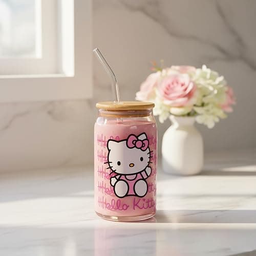 Silver Buffalo Sanrio Hello Kitty Waving Pink Glass Jar Tumbler with Bamboo Lid and Glass Straw, 16 Ounces | Sanrio, Waving, Jar, Tumbler, Bamboo Lid, Glass Straw thumbnail 2