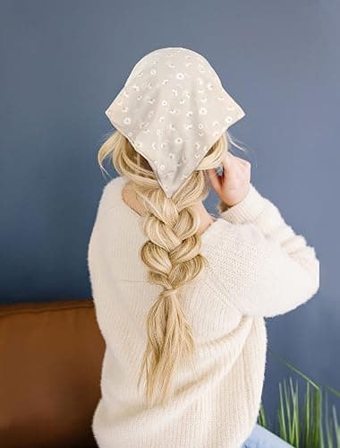 AWAYTR Elastic Hair Scarf Headband - 3 PCS Chiffon Print Floral Hair Scarves with Hair Clips Kerchief Head Bandanas for Women (White/Beige/Purple) thumbnail 6