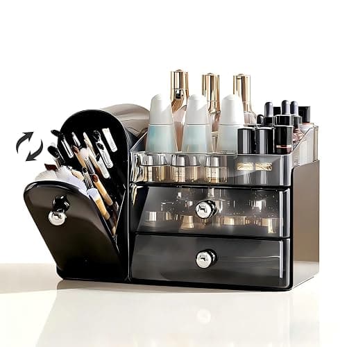 RONGZHIERK Makeup Organizer for Vanity with Covered Brush Holder,Bathroom Organizers with Drawer,Skin Care Organizer,Makeup Organizers for Vanity with Drawer,Large Makeup Storage for Dresser, Black - Image 1