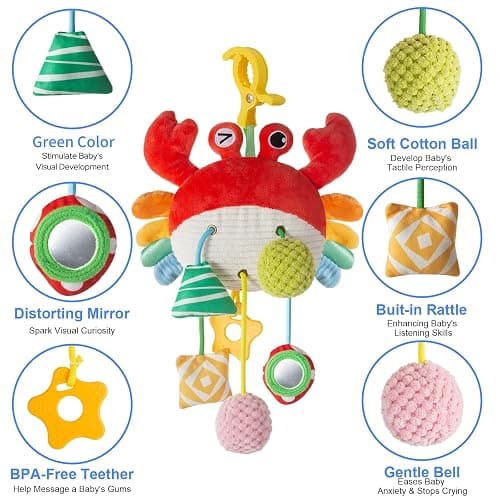 Lynncare Car Seat Toy for Babies 0-6 Months, Stroller Toy with a Convenient Clip, Carseat Toys Hanging Baby Accessories,Built-in Bell, Rattle,Mirror for Infant,Babies Gift 0-3-6-12 Months Boy Girl thumbnail 3