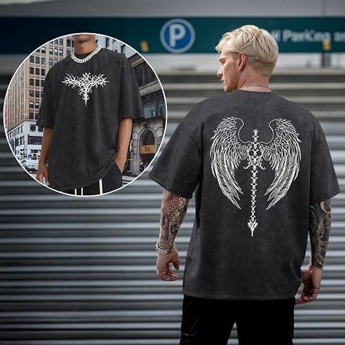BeWithYou Vintage Goth Shirt for Men Oversized Gothic Y2k Graphic Tees Punk Grunge Streetwear Skull Cross Acid Wash Tshirts thumbnail 4