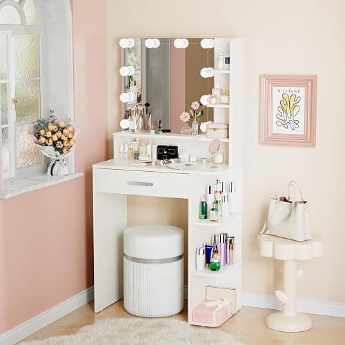 Neoriver Makeup Vanity Desk with Mirror and Lights, 26.4”Small Vanity Mirror with Lights with Large Drawer and 6 Level Storage, White Vanity with Large Led Mirror with 3 Color Lighting Modes (White) thumbnail 4