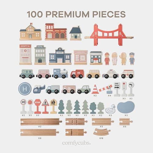 Comfy Cubs 100-Piece Wooden Train Set for Toddlers Ages 1+, Fun & Eco Friendly Toddler Train Set with Wooden Toy Tracks - Creative Toy Town Promoting Imaginative Play with Flexible Configuration thumbnail 2