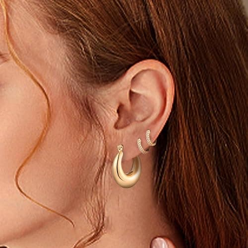 Wgoud 6 Pairs Gold Hoop Earrings Set for Women, 14K Gold Plated Hypoallergenic Lightweight Chunky Open Huggie Hoops Earrings Jewelry for Gifts. thumbnail 2