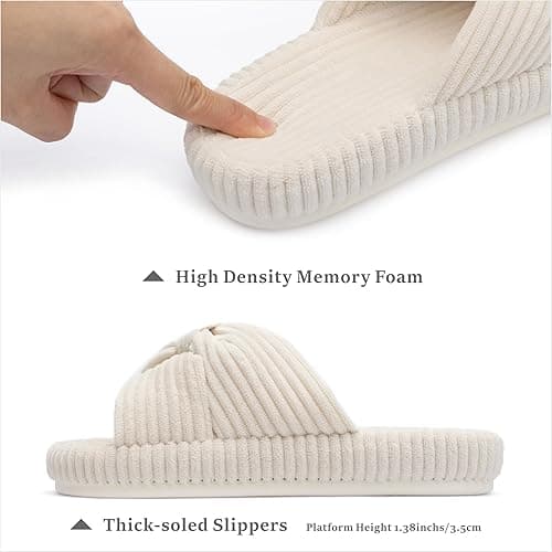 Chantomoo Slippers for Women Memory Foam House Bedroom Corduroy Bow Crossbands Slide Slipper Shoes Comfy Trendy Gift Slippers - 5-6 - Beige thumbnail 2