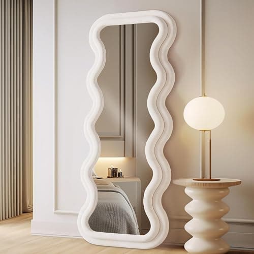 LunaMirror Miroir pleine longueur - 160 x 60 cm - Miroir mural ondulé avec support - Cadre en flanelle ivoire - Miroir mural à suspendre pour chambre à coucher, entrée - Image 1